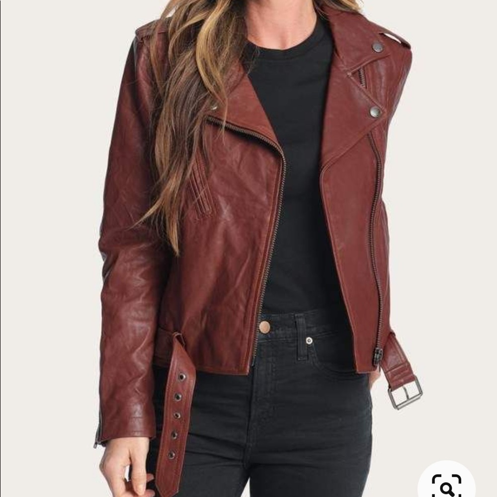 Frye Carly Leather Moto Jacket - Sz Small - Rosso/Wine